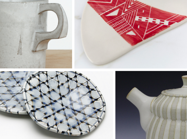 collage of a ceramic mug, plate, and tea pot